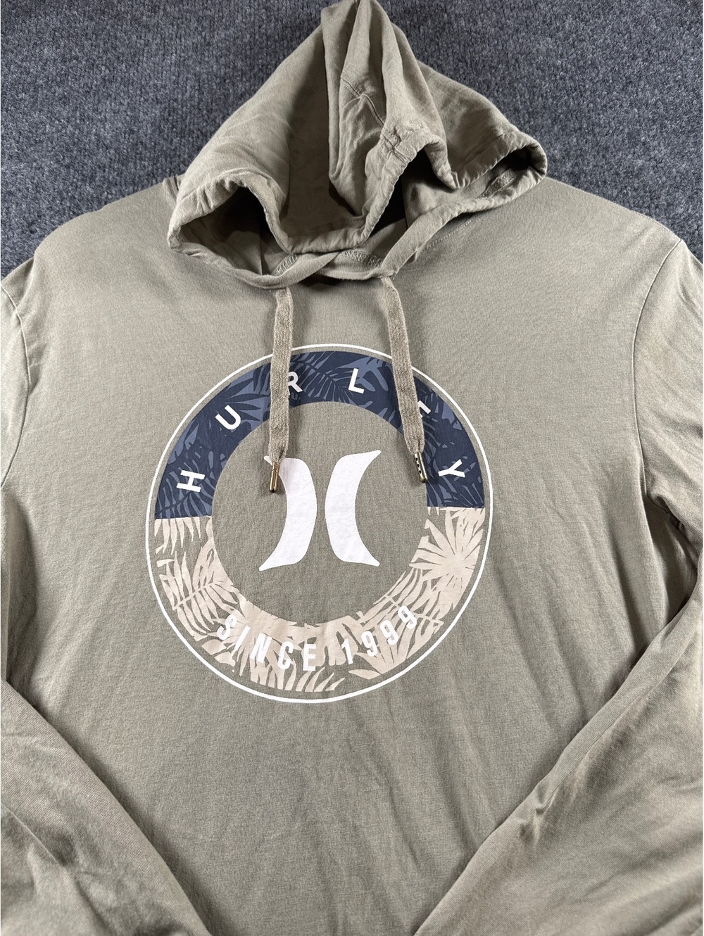 Hurley Mens S Green Long Sleeve Hooded T Shirt Circle Logo Surf Skate Casual